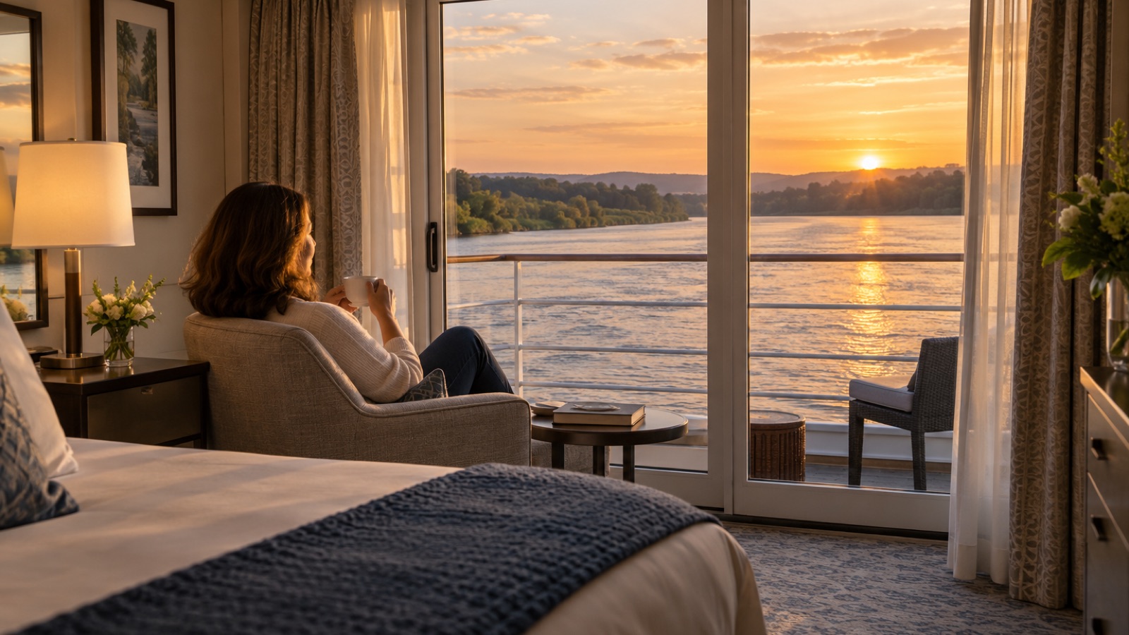 A traveler rests in a bright riverboat cabin while watching the river beyond the balcony doors.