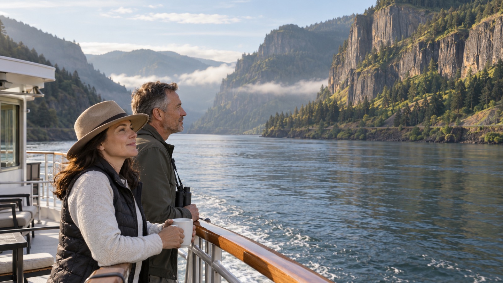 A couple watches green cliffs along a broad river from a quiet observation deck.