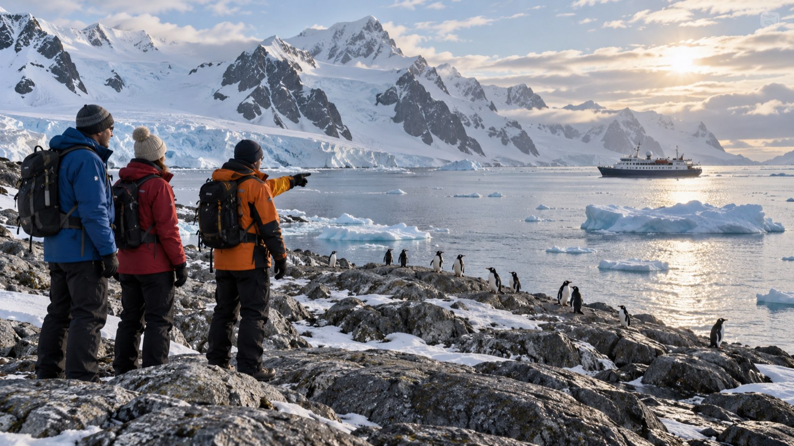 A couple observes distant Antarctic penguins from a rocky shoreline alongside an expedition guide.