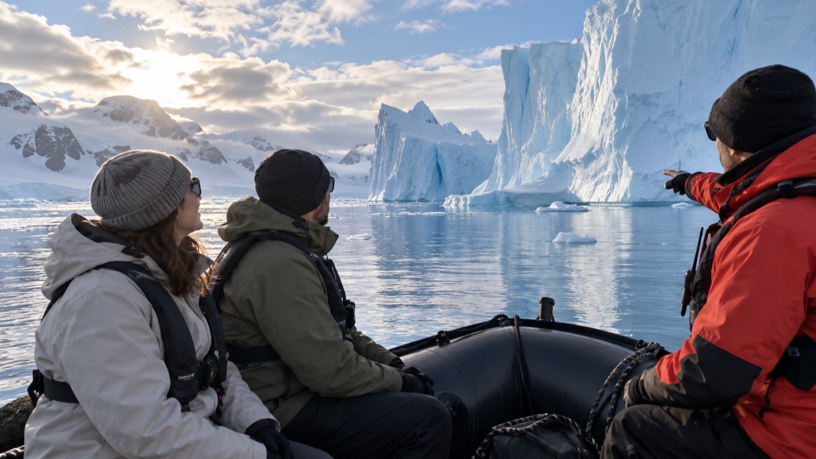 A pair of travelers views Antarctic icebergs from a small expedition boat on a clear day.