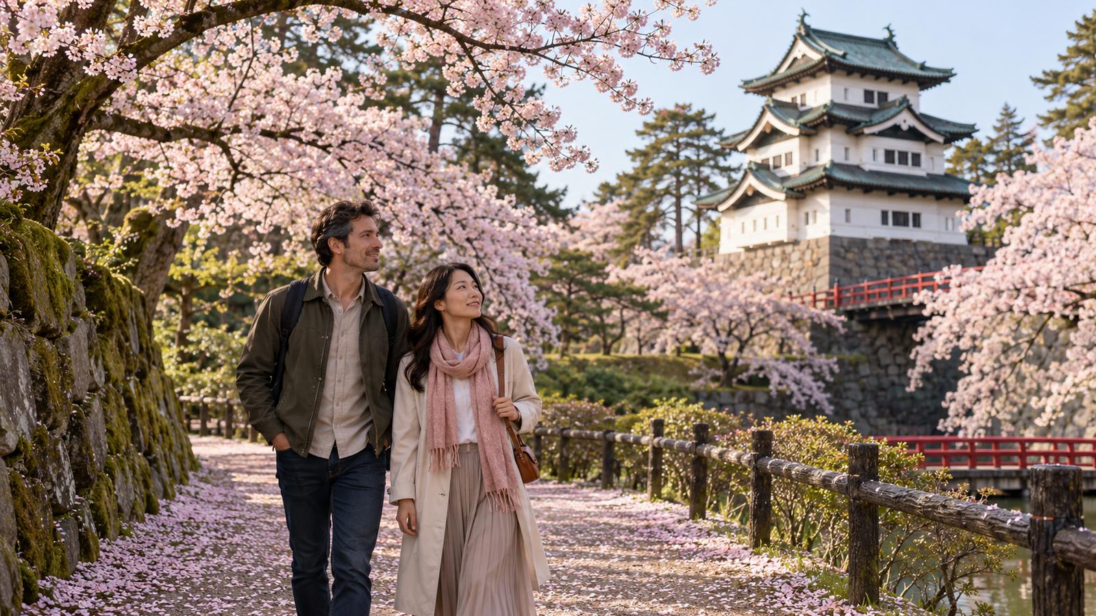 An adult couple walks beneath spring cherry trees in a garden setting inspired by Hirosaki.