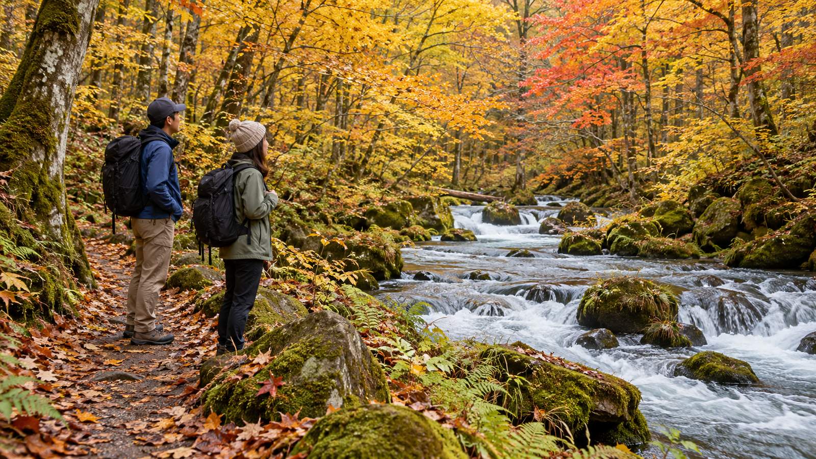 A pair of travelers pauses beside an autumn forest stream resembling the Oirase landscape.