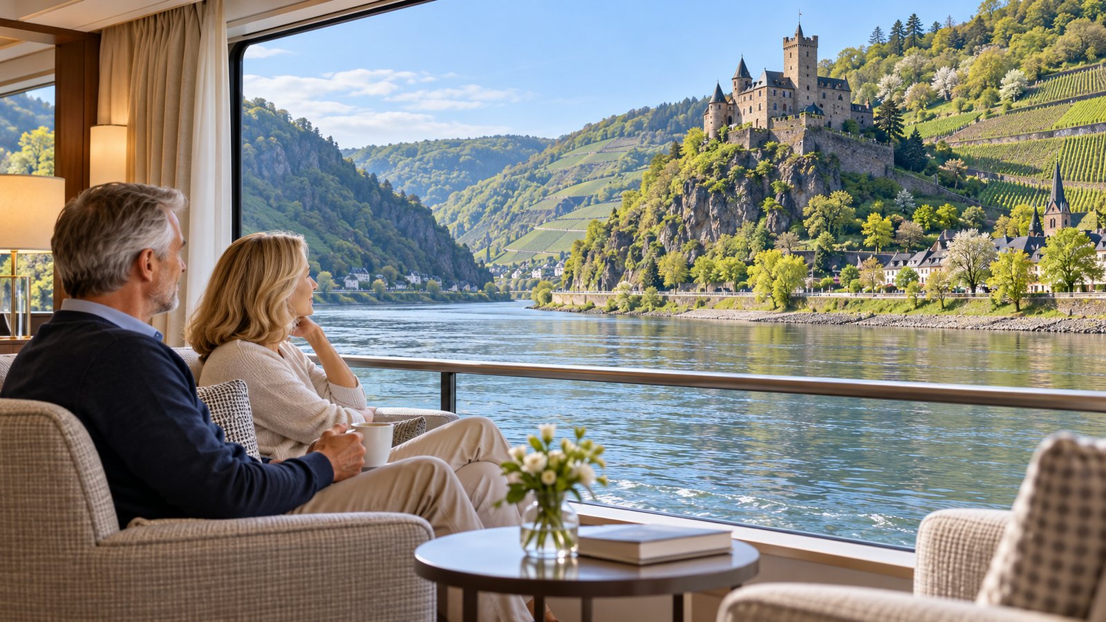 Two travelers admire a castle and vineyards through a wide river cruise cabin window.