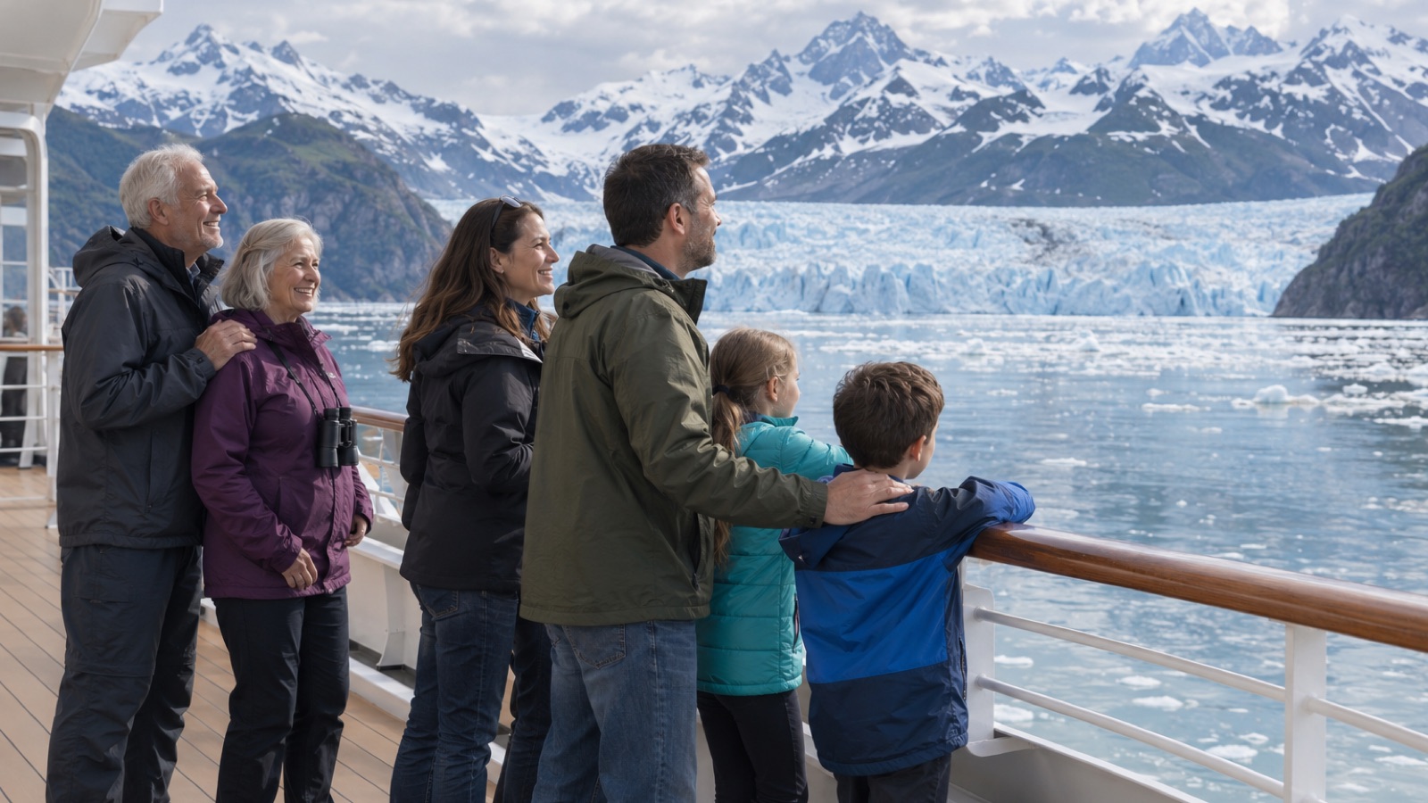 A family and grandparents watch a glacier from a cruise ship deck on a summer day.
