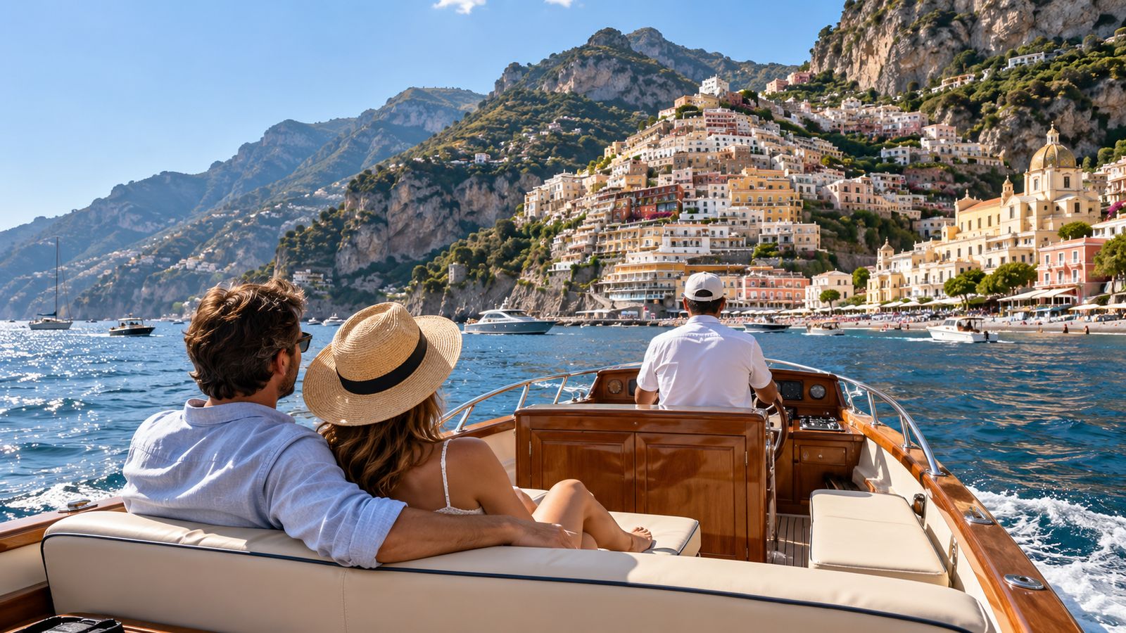 A pair of travelers approaches colorful Amalfi Coast houses aboard a small boat on a clear afternoon.