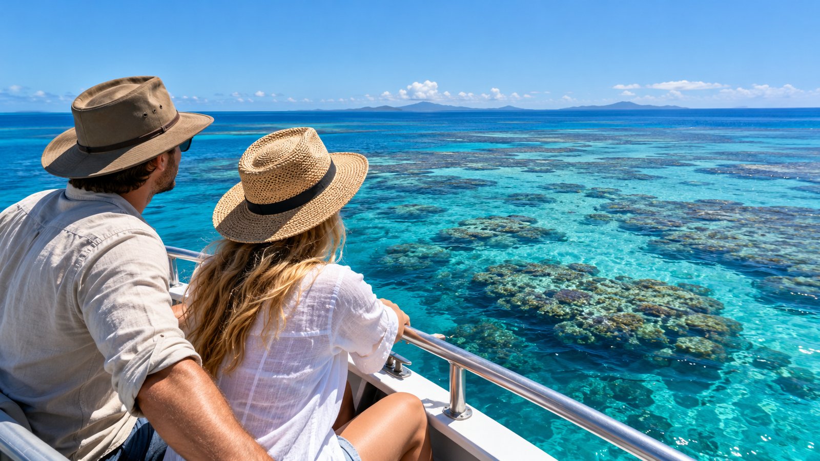 A couple watches turquoise reef waters from a boat on a clear Queensland day.