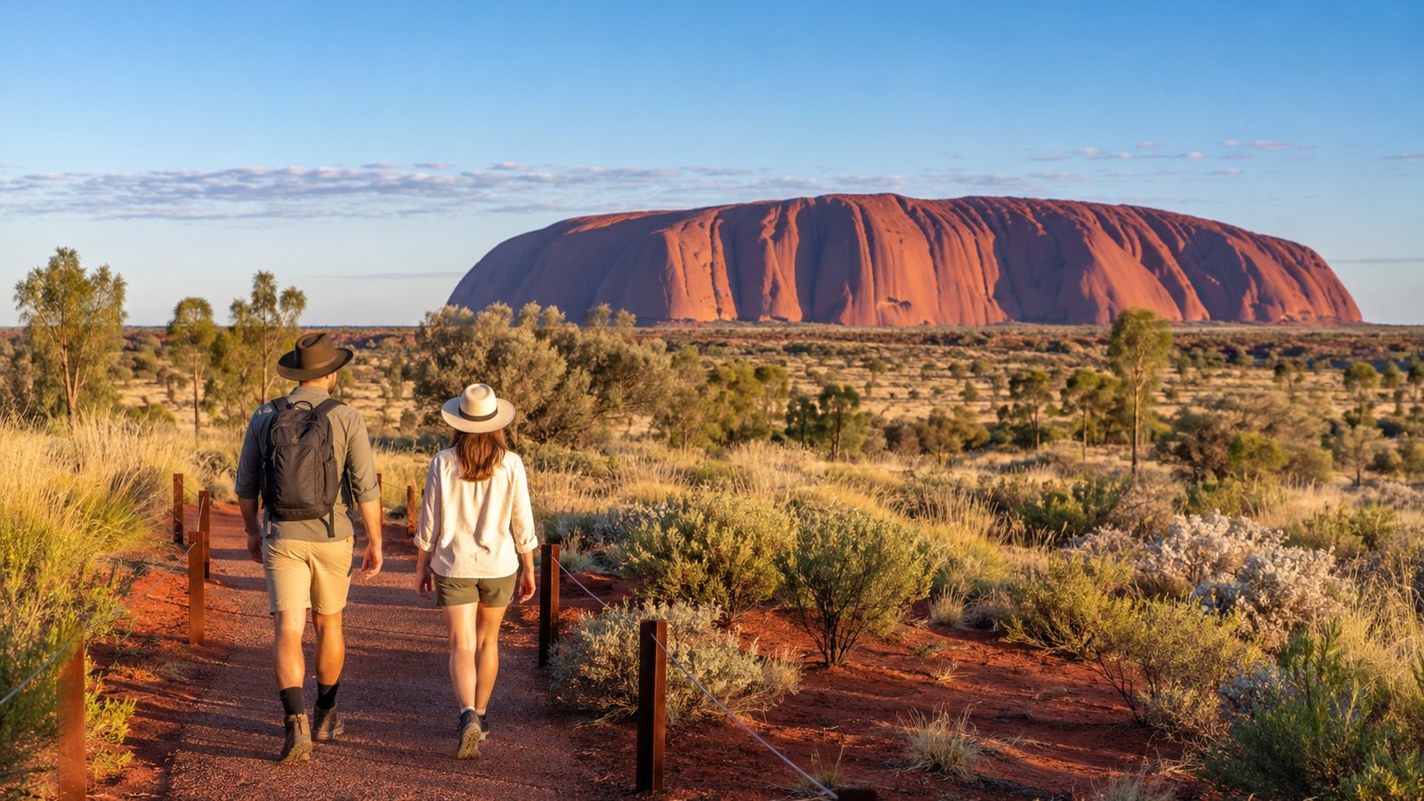 A pair of visitors walks a marked Red Centre path with Uluru visible in the morning light.