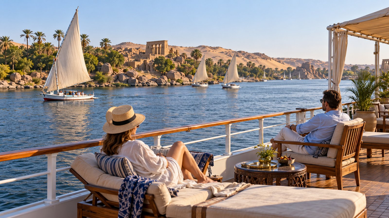A pair of travelers relax on a Nile deck as sailboats pass the Aswan riverbank.