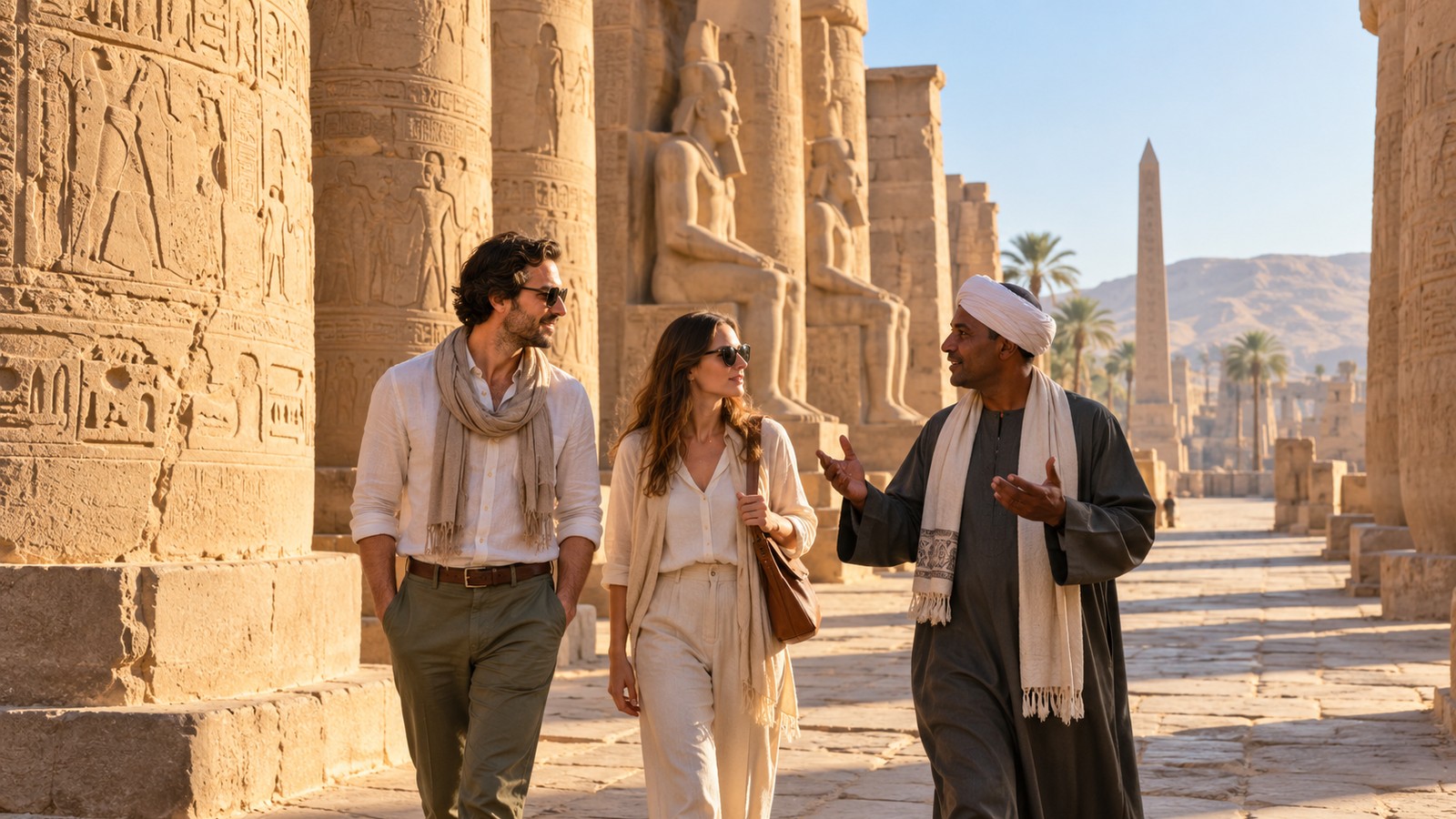 A couple and local guide walk through sandstone columns at Luxor in soft morning light.