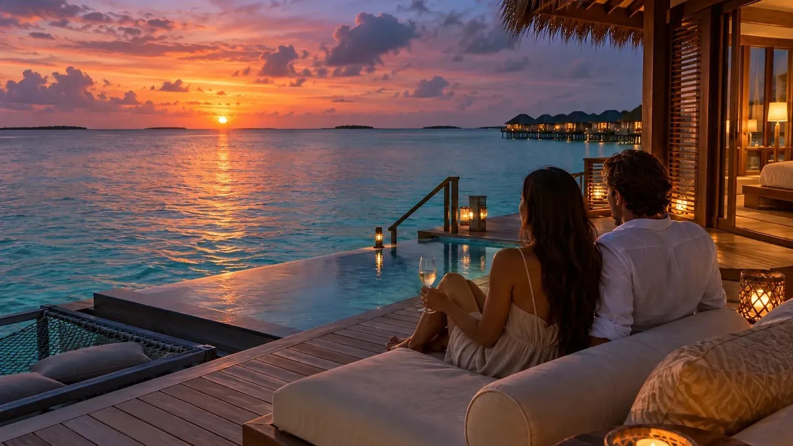 A couple sits on a quiet overwater terrace above a Maldivian lagoon at sunset.