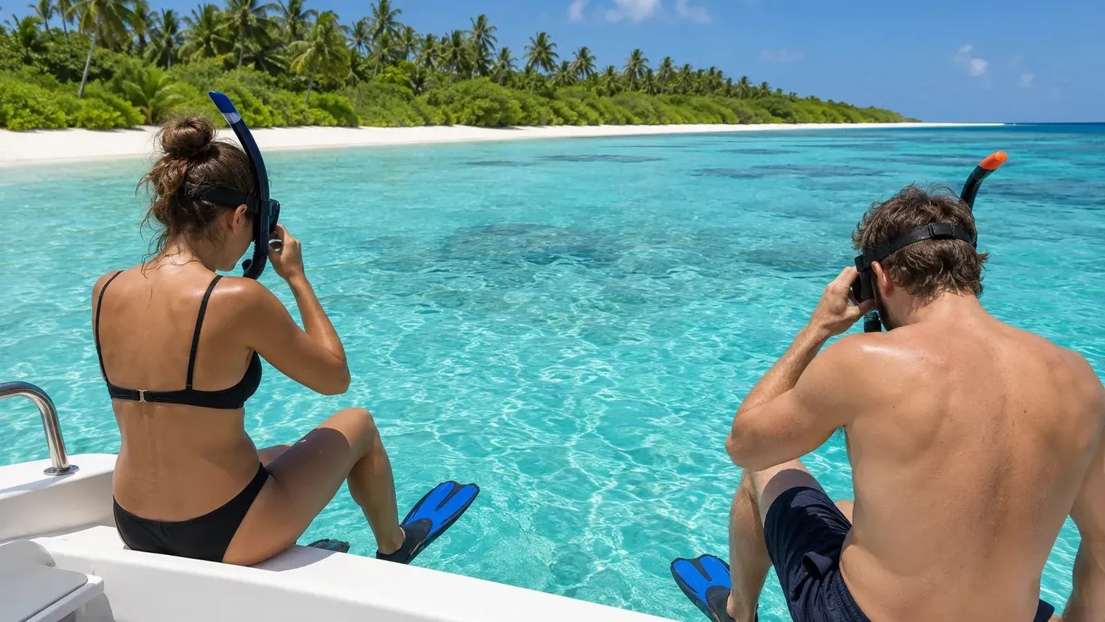 A couple prepares to snorkel from a small boat near a tropical Maldivian island.
