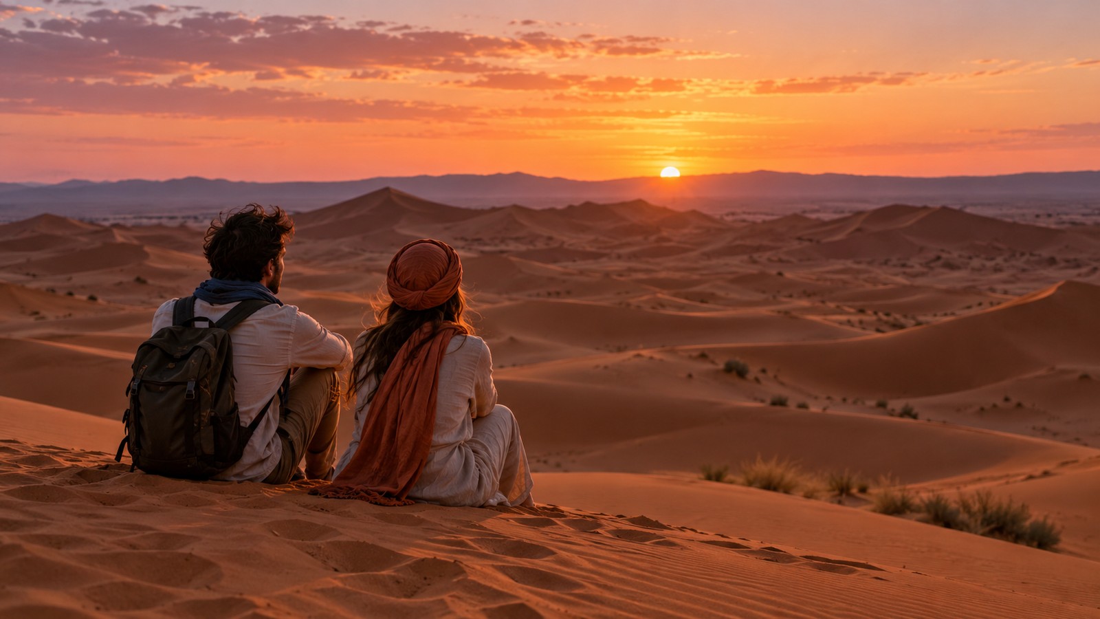 A couple looks across softly lit Moroccan Sahara dunes at dusk during a desert journey.