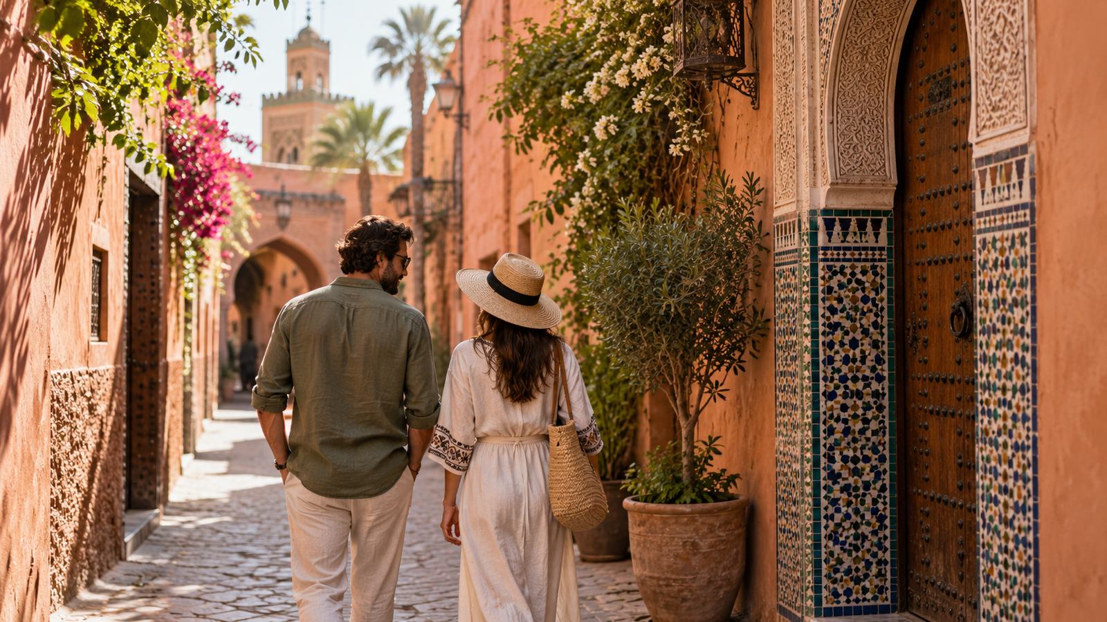 A couple walks down a quiet ocher lane in a Moroccan medina in warm natural light.