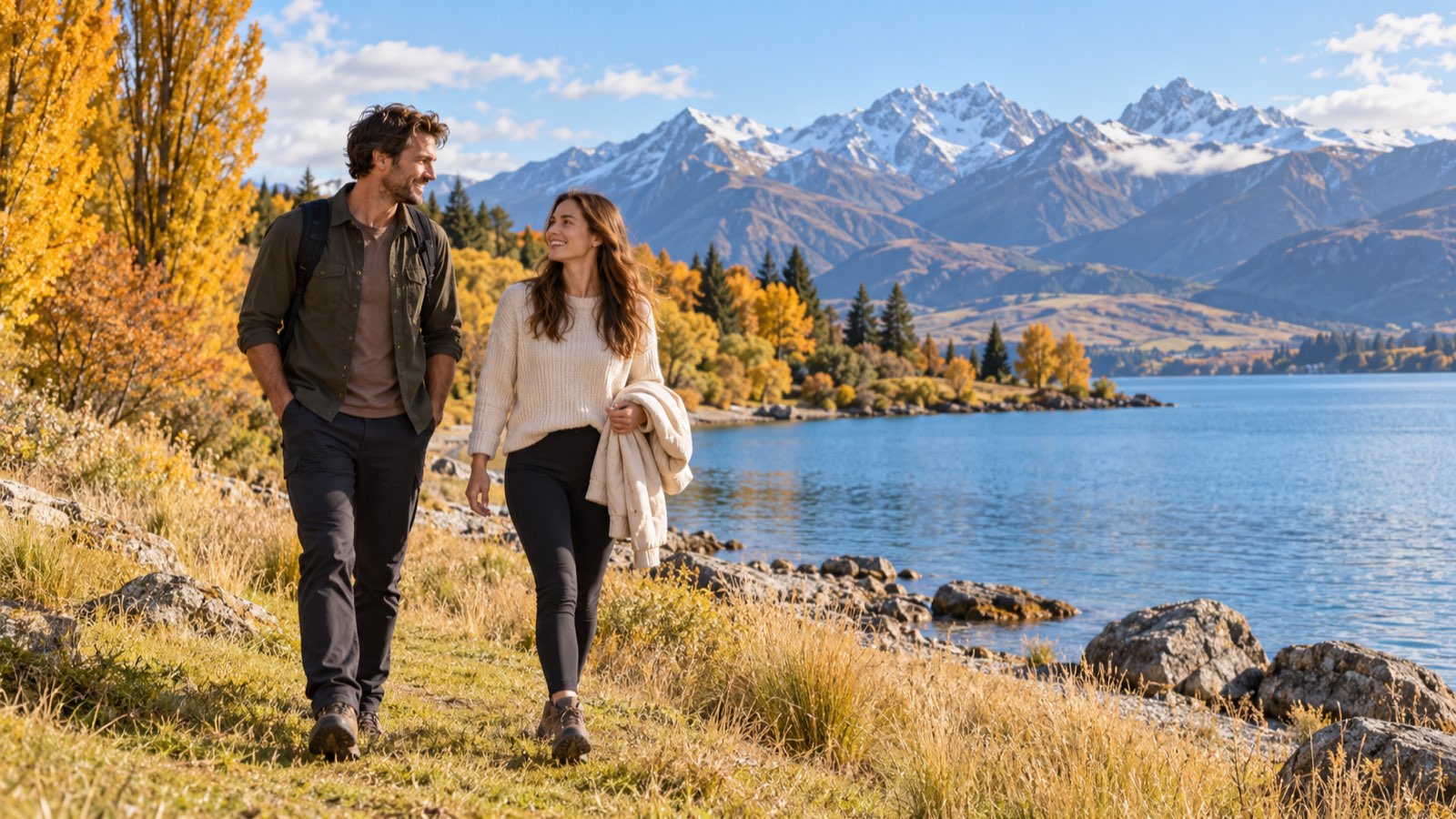 A couple stands beside a South Island lake framed by golden autumn trees and distant mountains.