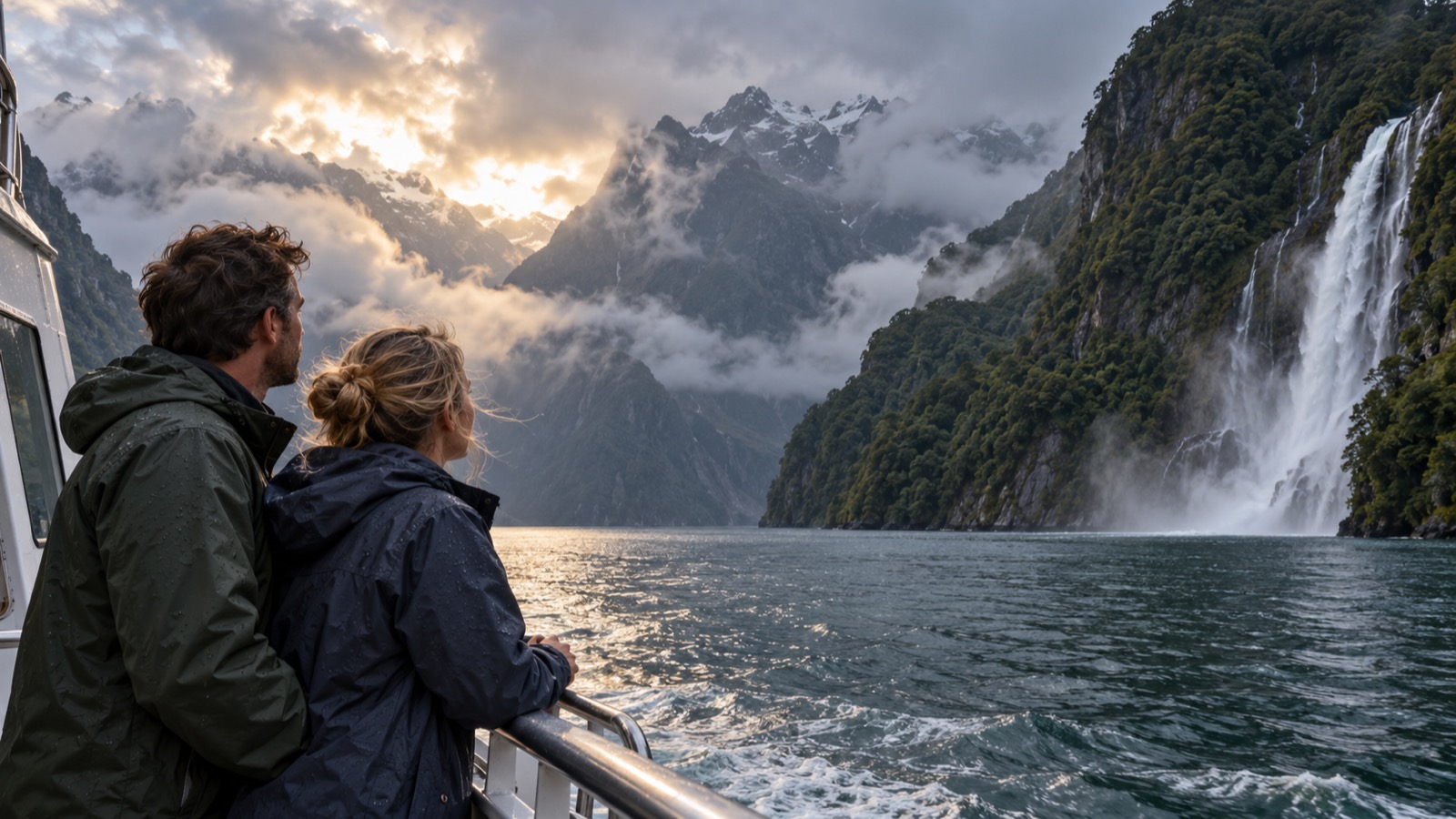 A couple in rain jackets looks across a misty Fiordland waterway toward forested mountains.