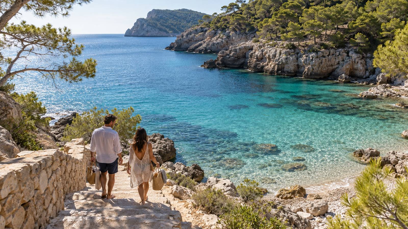 A couple descends toward a clear Mediterranean cove on a sunny Ibiza afternoon.