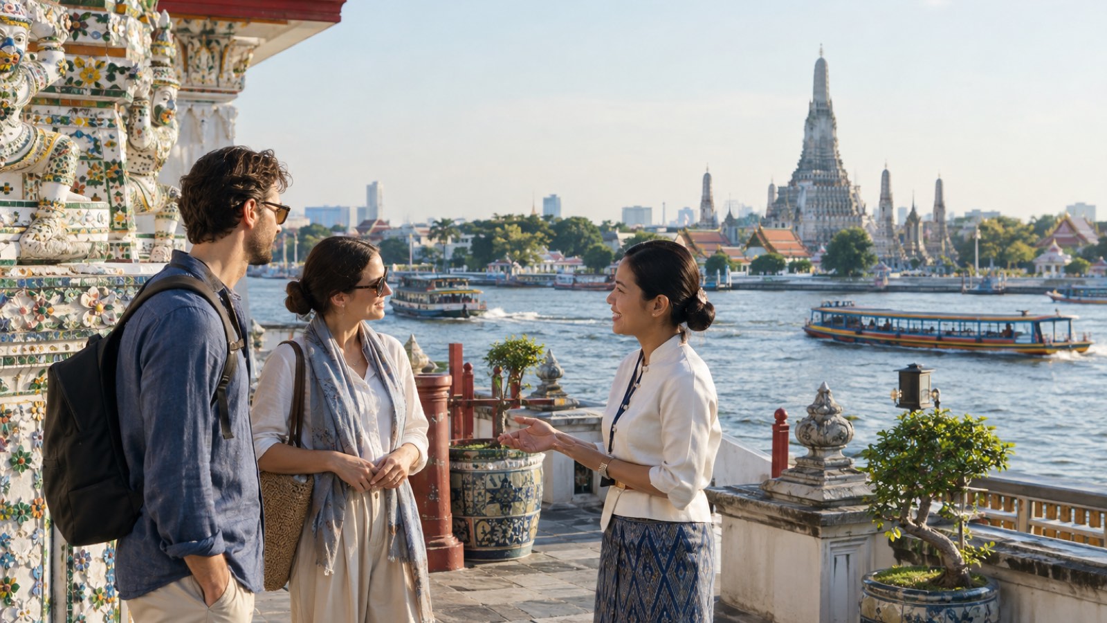 A couple and local guide enjoy a Bangkok riverside courtyard on a clear morning.