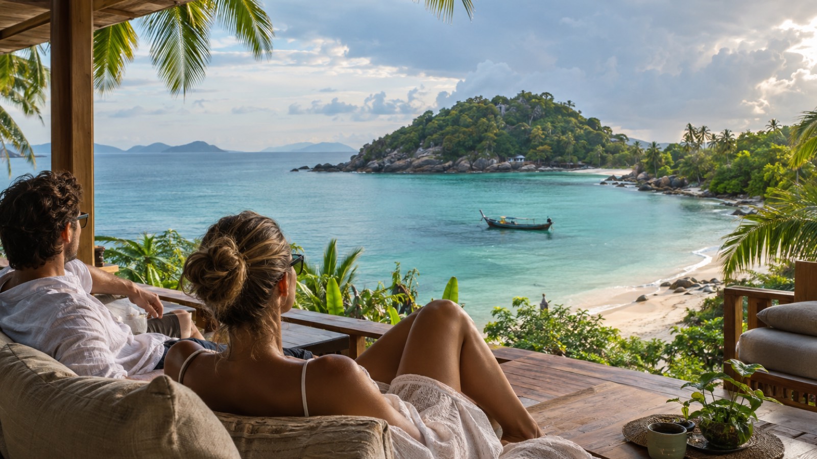 A couple rests on a shaded terrace overlooking a Thai Gulf beach after a shower.