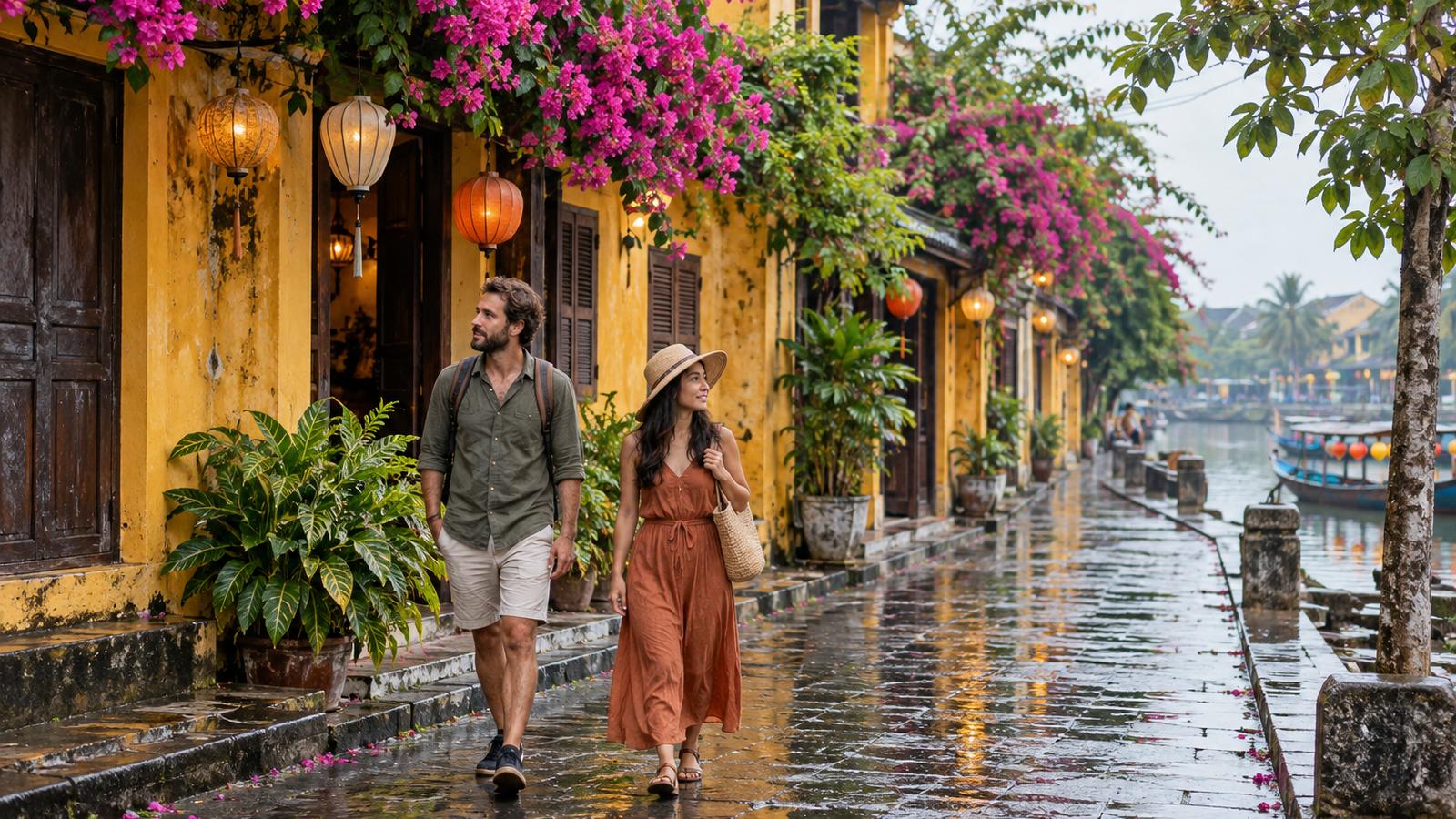 A couple walks through the old streets of Hoi An beside yellow buildings and flowering vines.