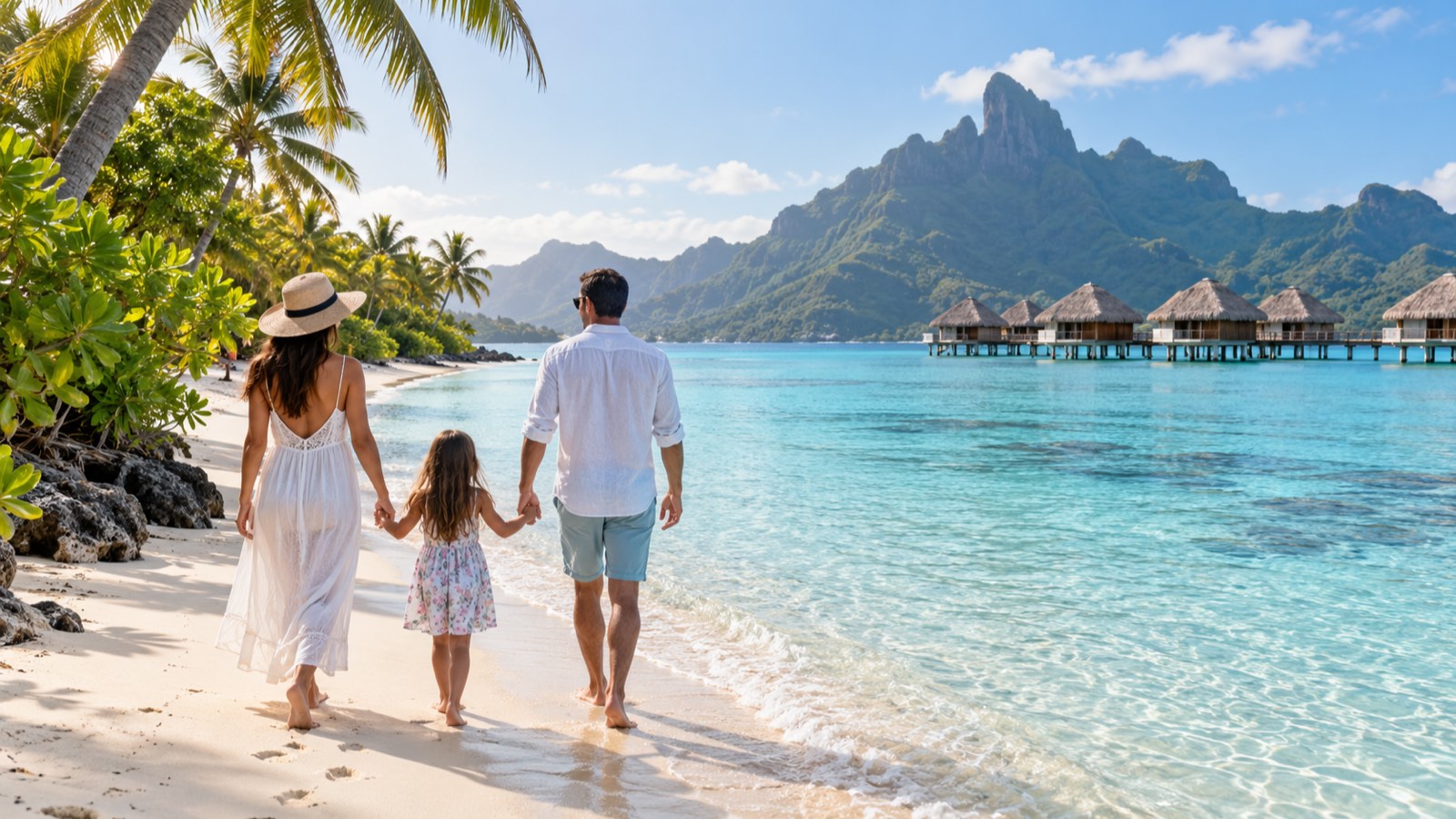 A family walks along a quiet sandy beach beside the clear lagoon in French Polynesia.