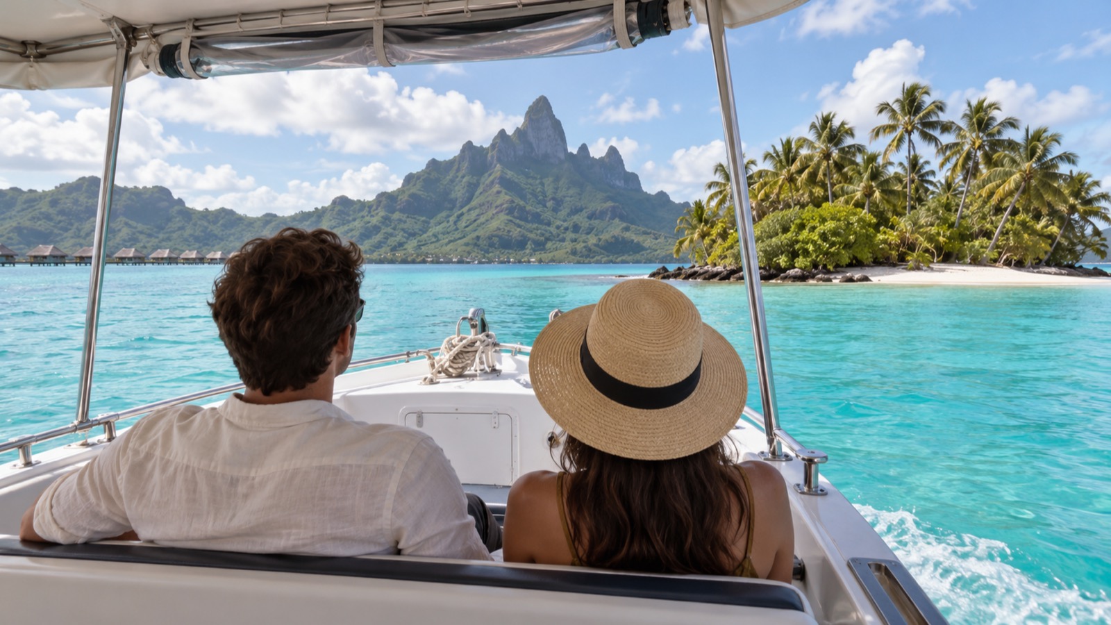 A pair of travelers approaches a palm-fringed island by small boat across a bright lagoon.