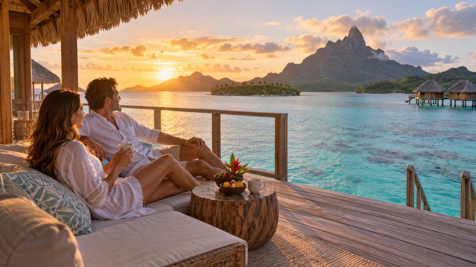 A couple relaxes on a wooden terrace above a turquoise Bora Bora lagoon at sunrise.