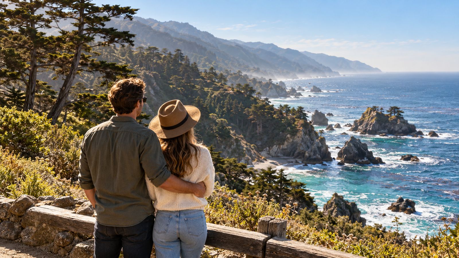 A couple overlooks the Pacific coast and cypress trees during a quiet California honeymoon morning.