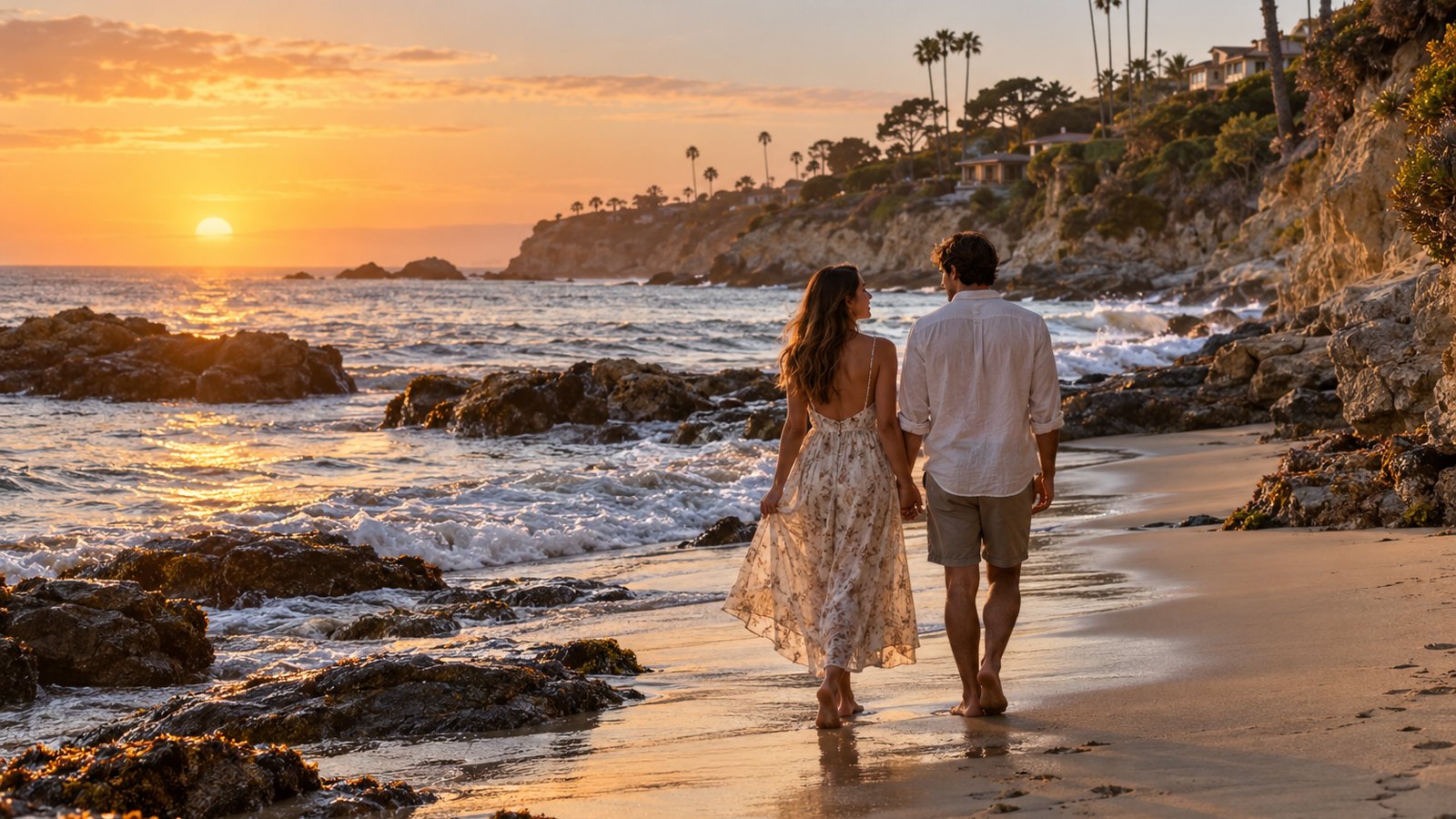 A couple strolls beside the Pacific on a golden California beach framed by coastal bluffs.