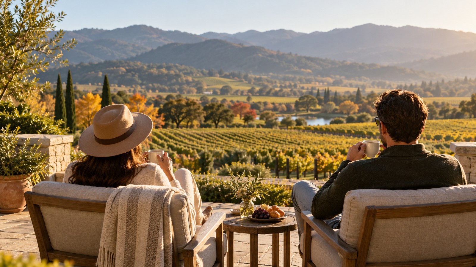 A couple enjoys a quiet morning overlooking vineyard rows and distant Napa Valley hills.