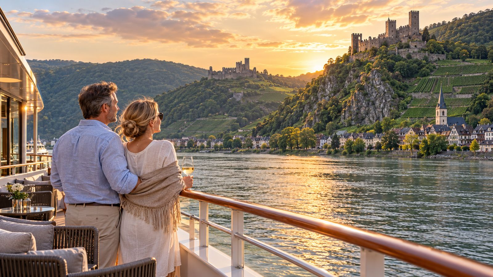 A couple watches castles and vineyards along the Rhine from a riverboat deck at sunset.