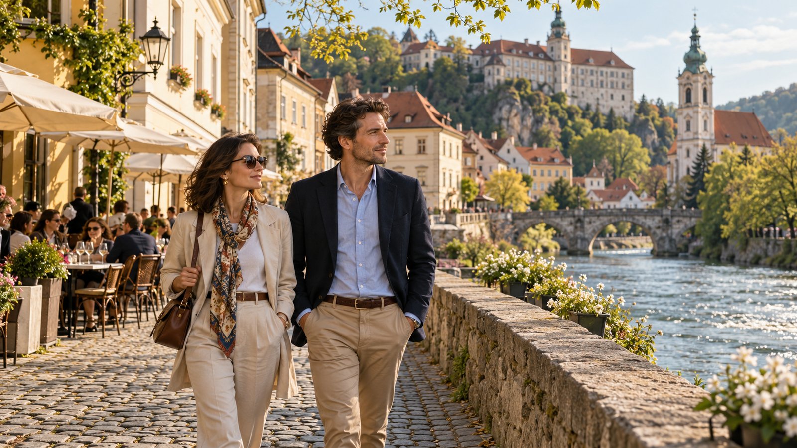 A couple walks a cobblestone riverside lane near Vienna in the warm afternoon light.