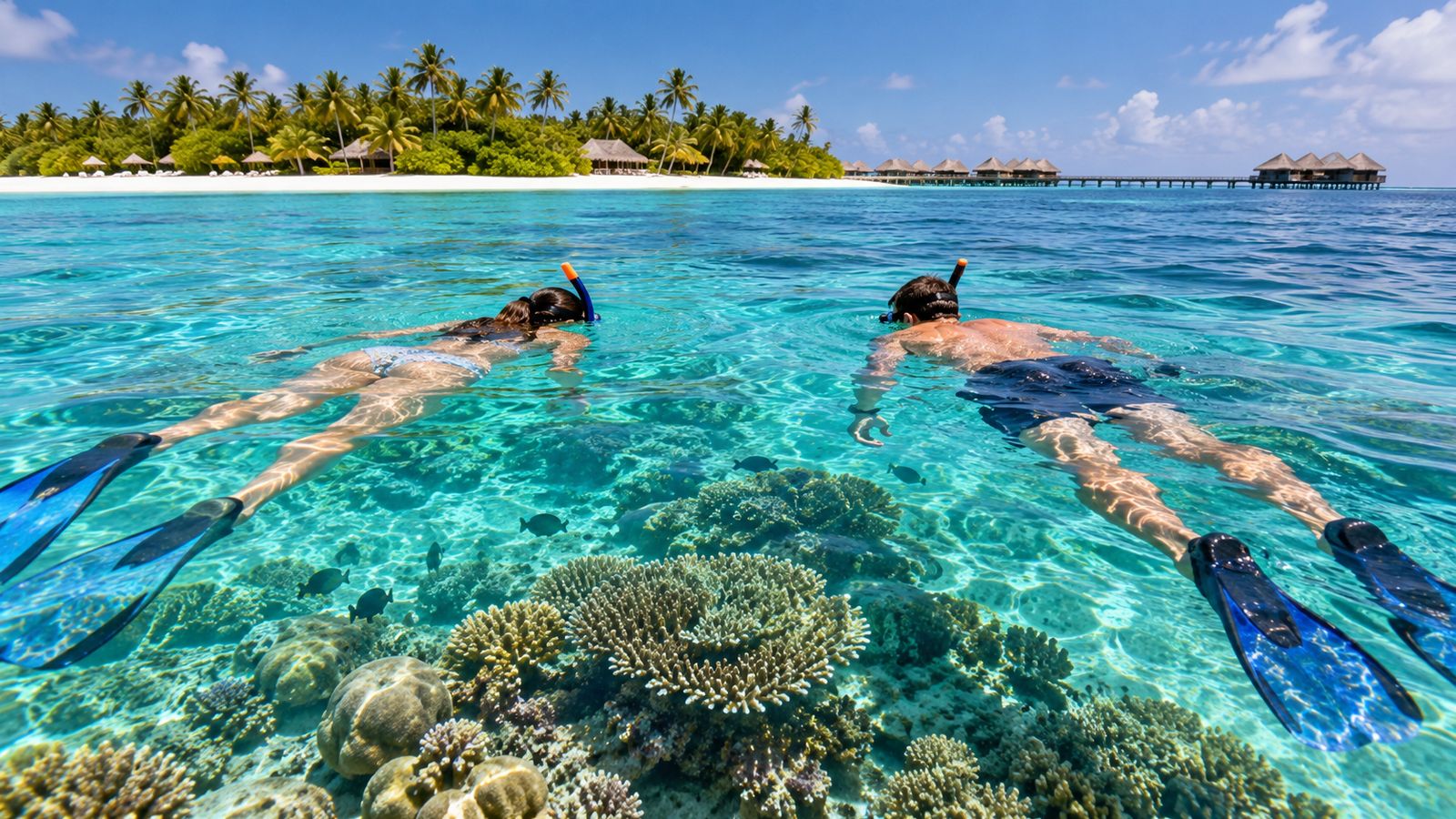 Two travelers snorkel above a shallow coral reef near a tropical island in the Maldives.