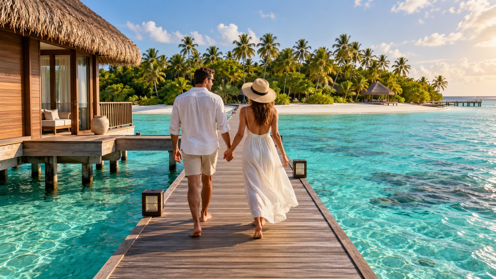 A couple walks along a wooden jetty above turquoise water toward a palm lined Maldives island.