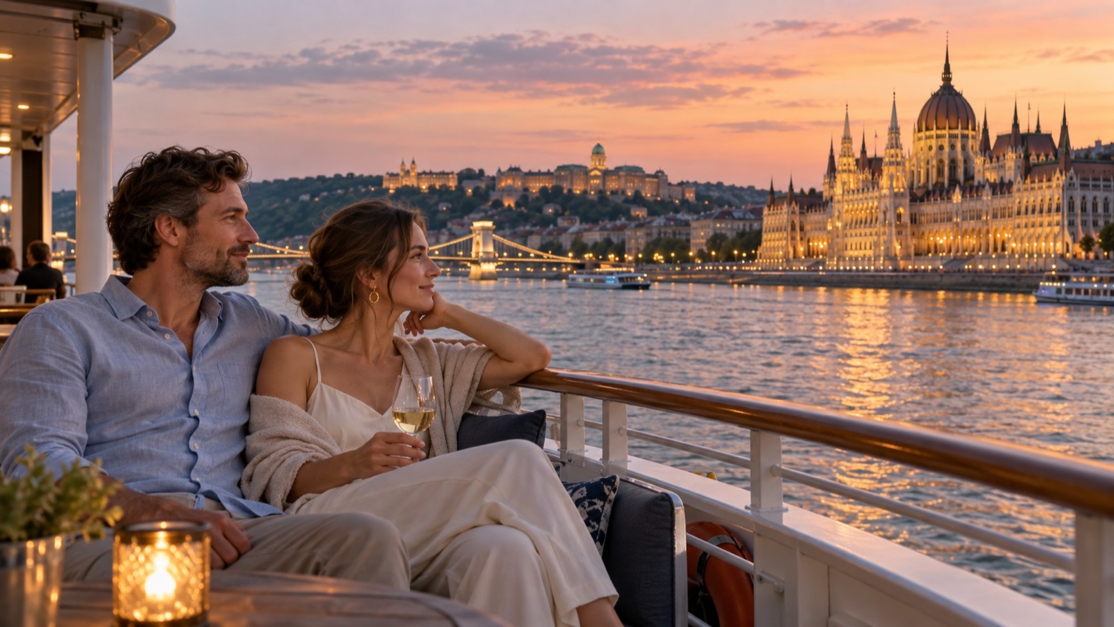A couple watches the Budapest riverfront from an unbranded Danube cruise ship deck at dusk.