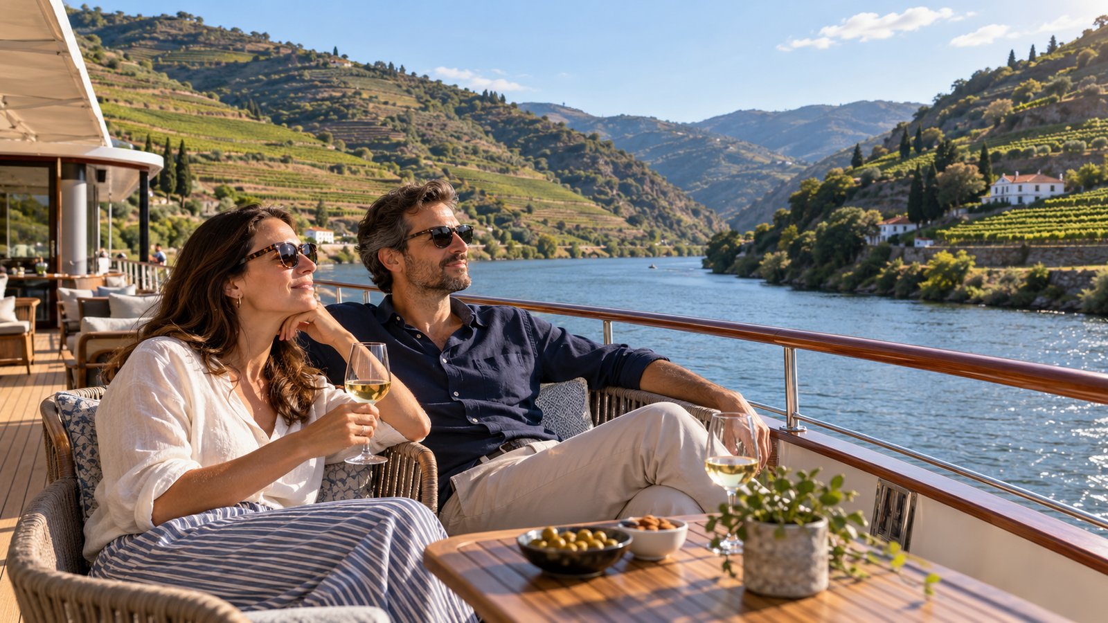 A pair of travelers enjoys the view of vineyard hills from a Douro river ship.