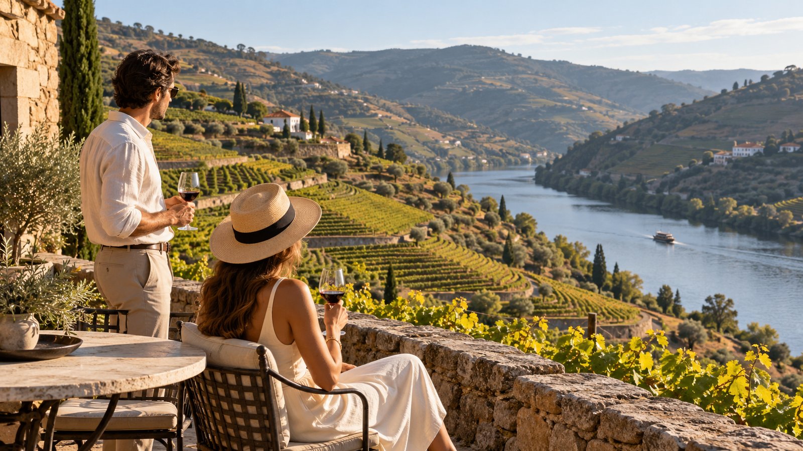Two travelers pause on a Douro wine estate terrace overlooking the river and vineyards.