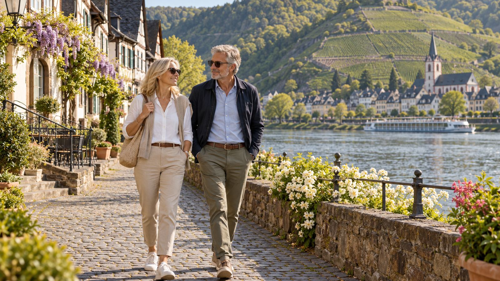 A couple walks beside historic houses and vineyard scenery during a European river cruise stop.