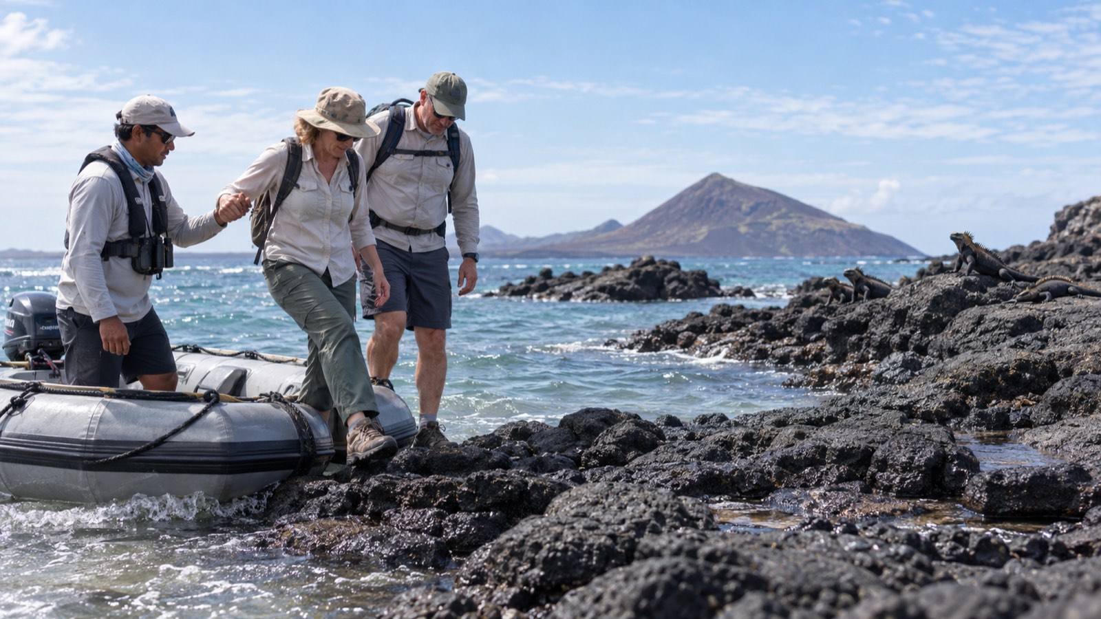 A pair of travelers joins a naturalist for a careful landing along a volcanic Galapagos shoreline.
