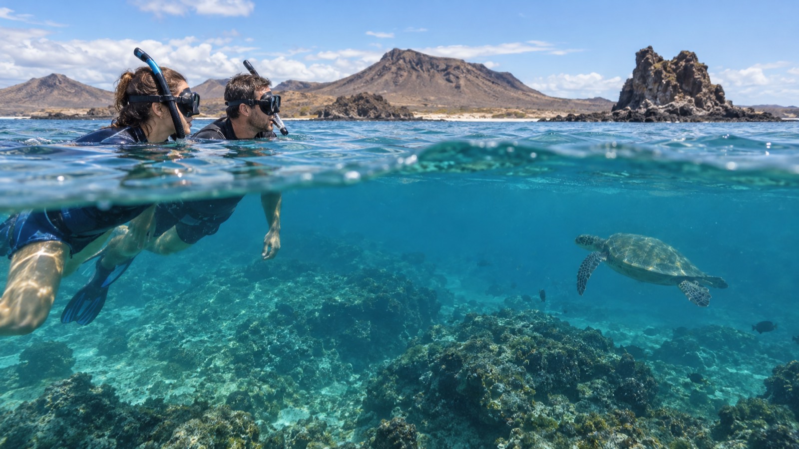 A couple snorkels in clear Galapagos water while a sea turtle swims at a respectful distance.