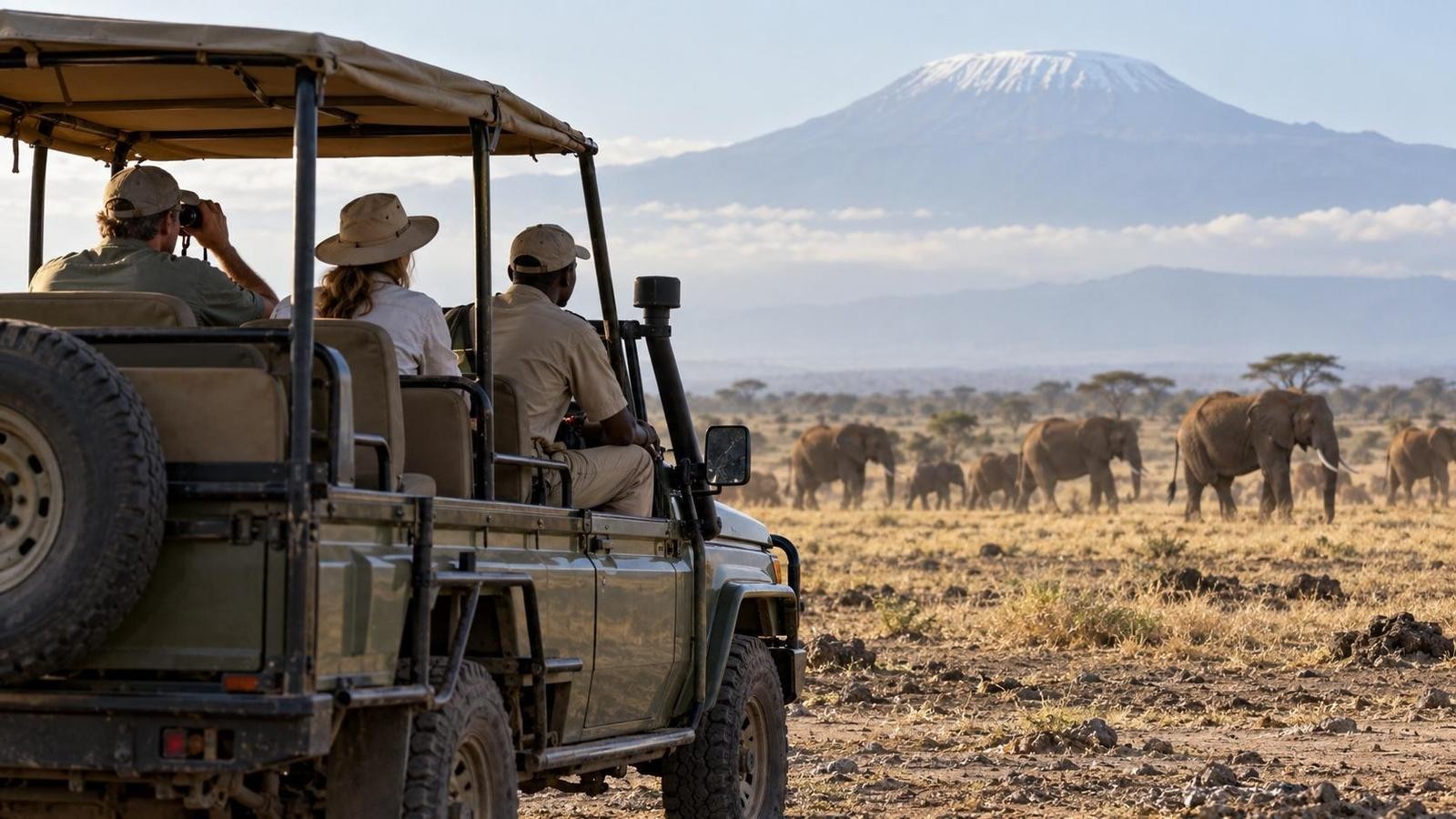A safari guide and two travelers observe distant elephants beneath a hazy Mount Kilimanjaro backdrop.