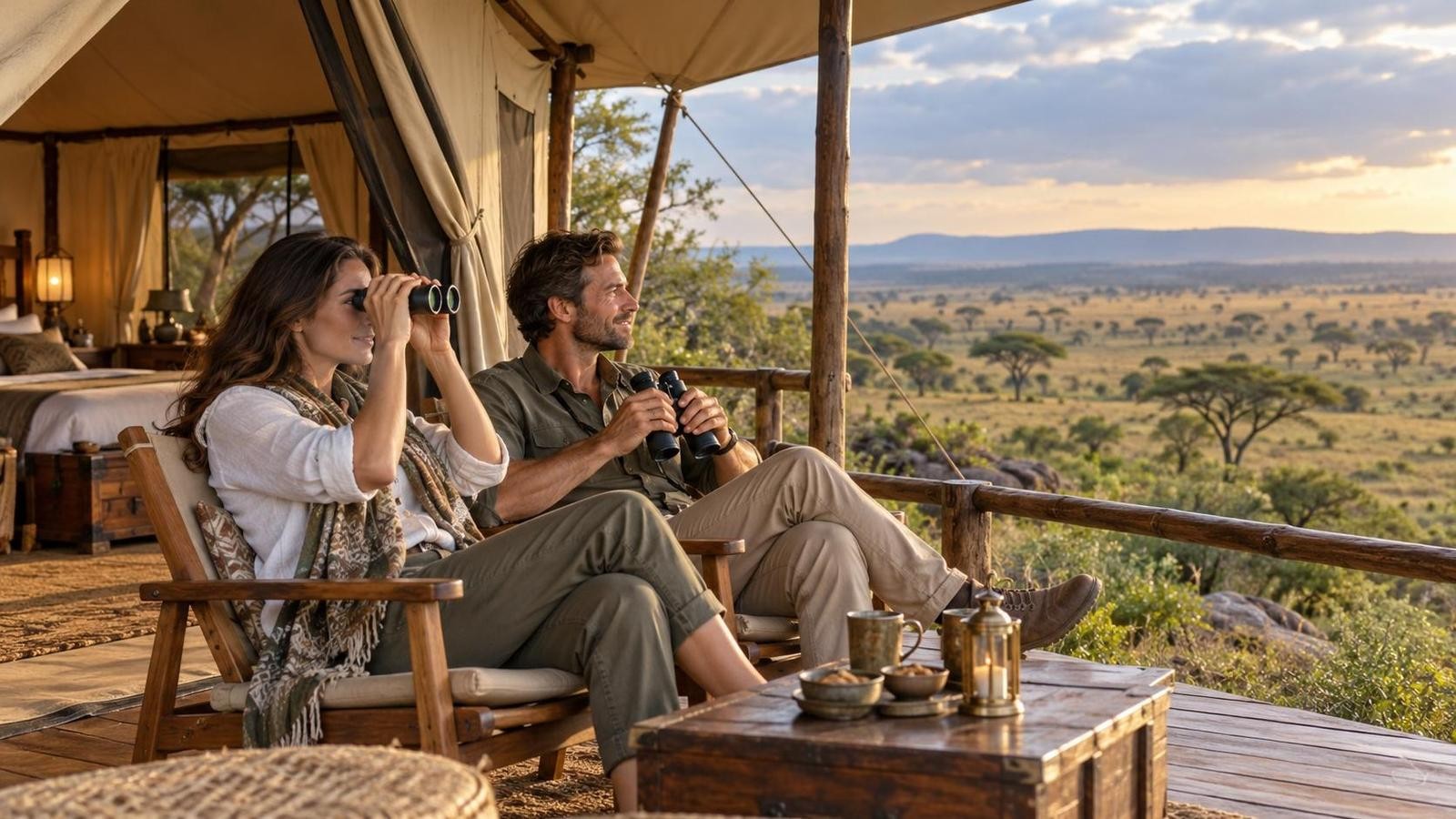 A couple relaxes with binoculars on a tented safari camp veranda overlooking open Kenyan grassland.
