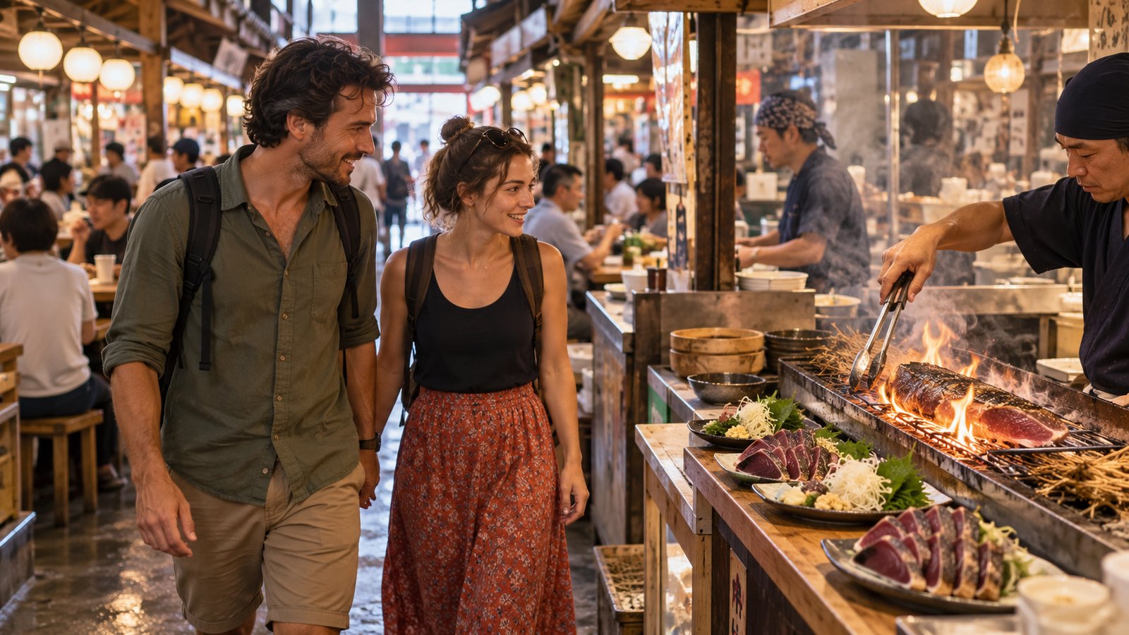 A couple explores a lively Kochi food market while choosing locally prepared dishes for lunch.