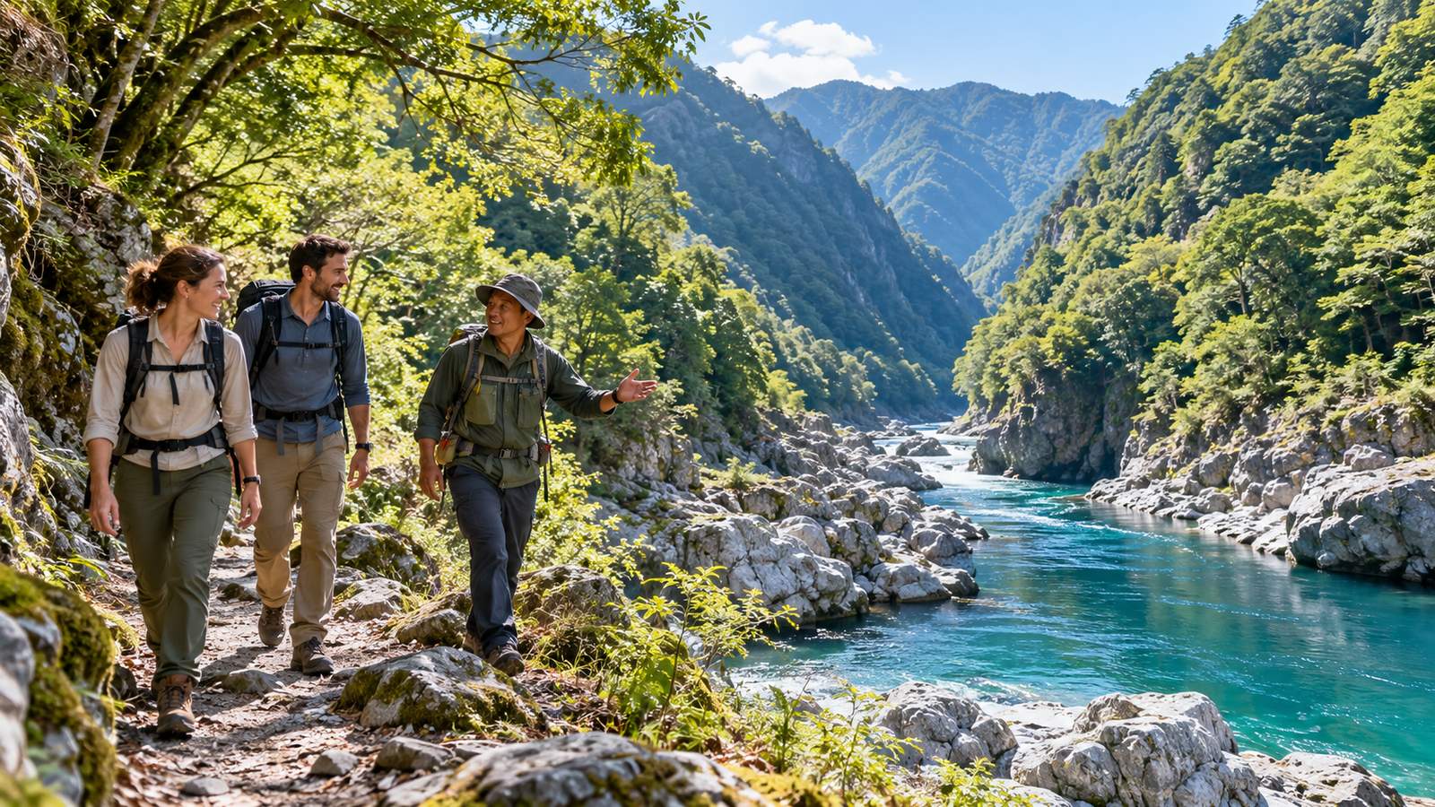 An adult traveler pauses beside the clear Niyodo River below wooded hills in Kochi Prefecture.