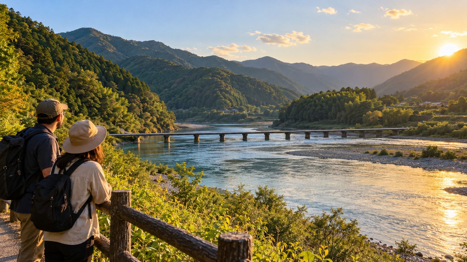 Adult travelers view the Shimanto River and a low bridge from a quiet path in rural Kochi.