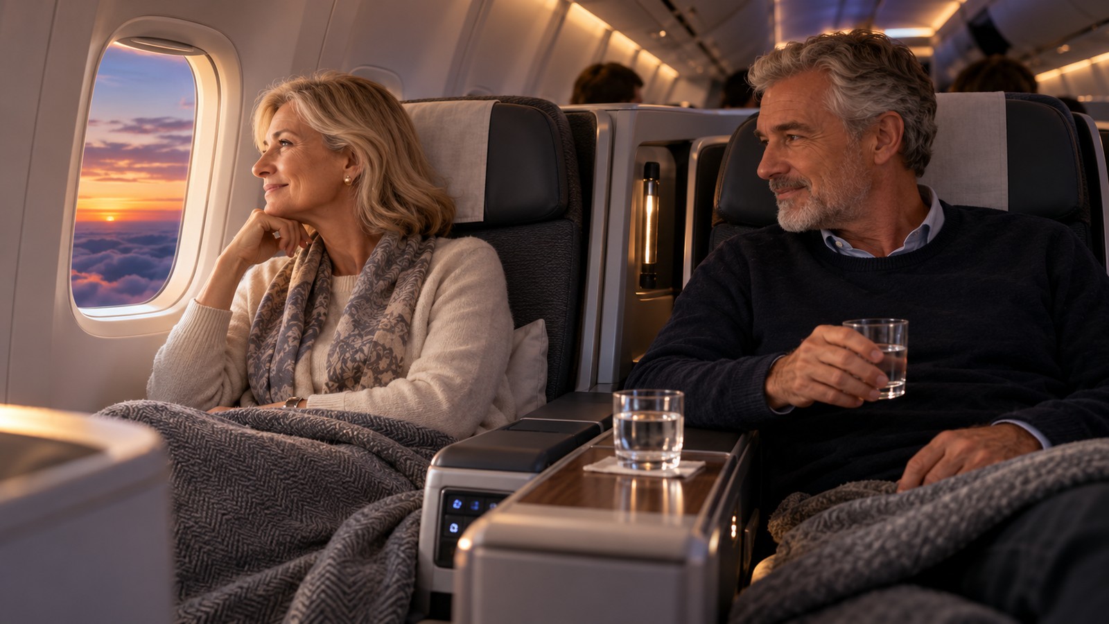 A couple settles into a generic premium aircraft cabin before an evening journey across the Atlantic.