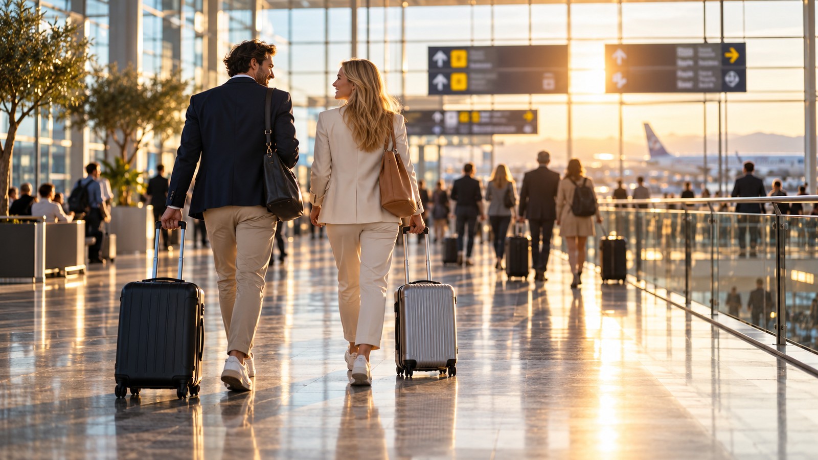 A pair of travelers walks through a sunlit European airport concourse with compact carry-on luggage.
