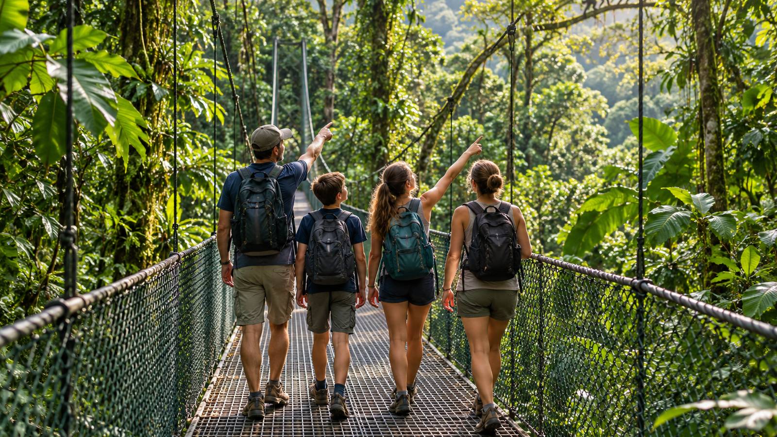 A family walks together across a rainforest bridge beneath the lush Costa Rican canopy.