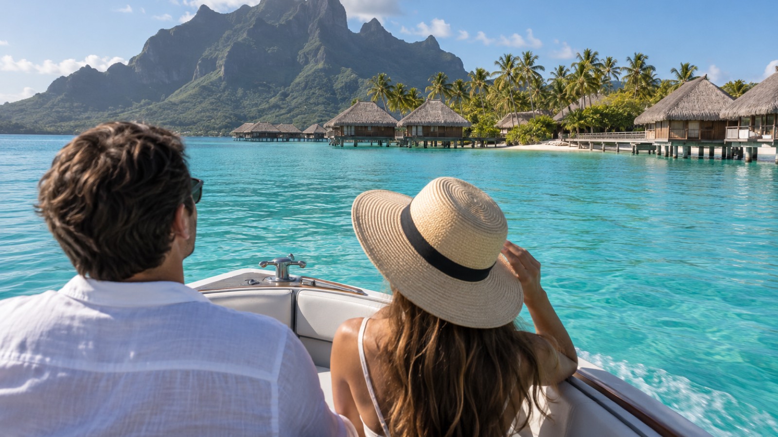 A couple travels by boat across the Bora Bora lagoon toward an islet resort.