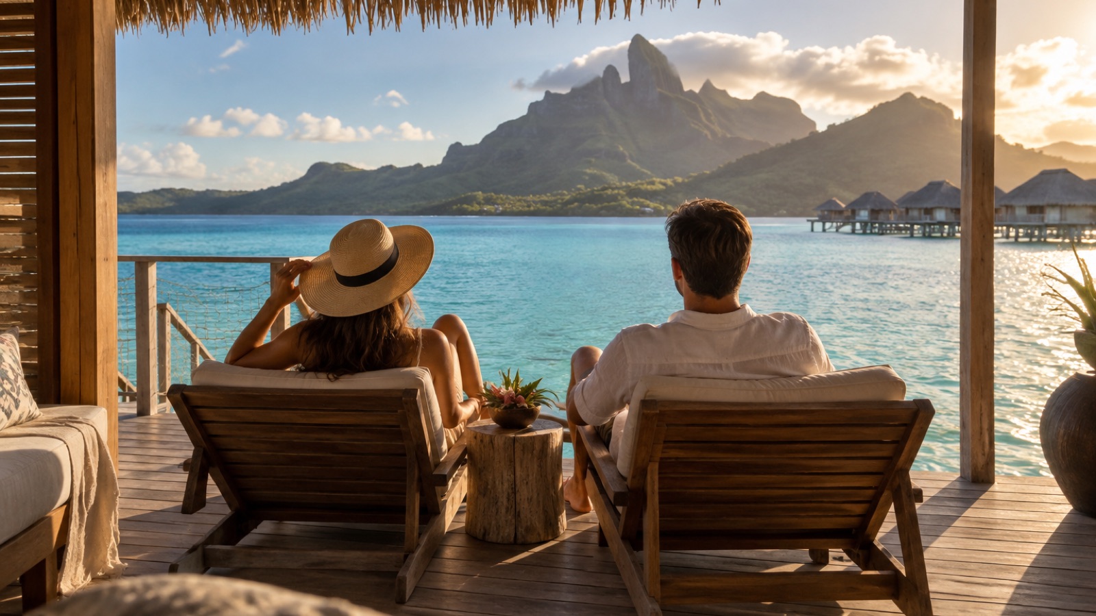A couple enjoys a shaded overwater deck facing the lagoon and Mount Otemanu in Bora Bora.