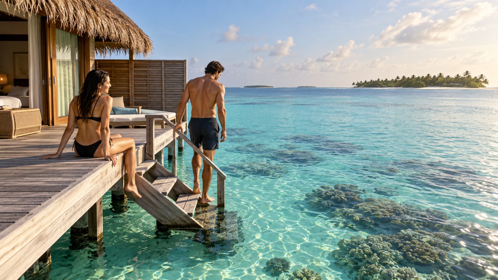 A couple considers a swim from their overwater villa deck into a clear Maldives lagoon.